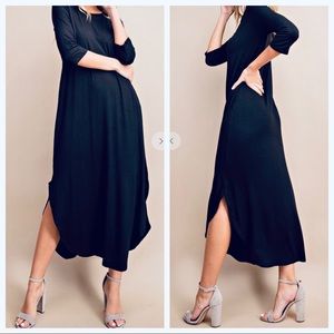 39 Black loose round hem side pockets maxi dress